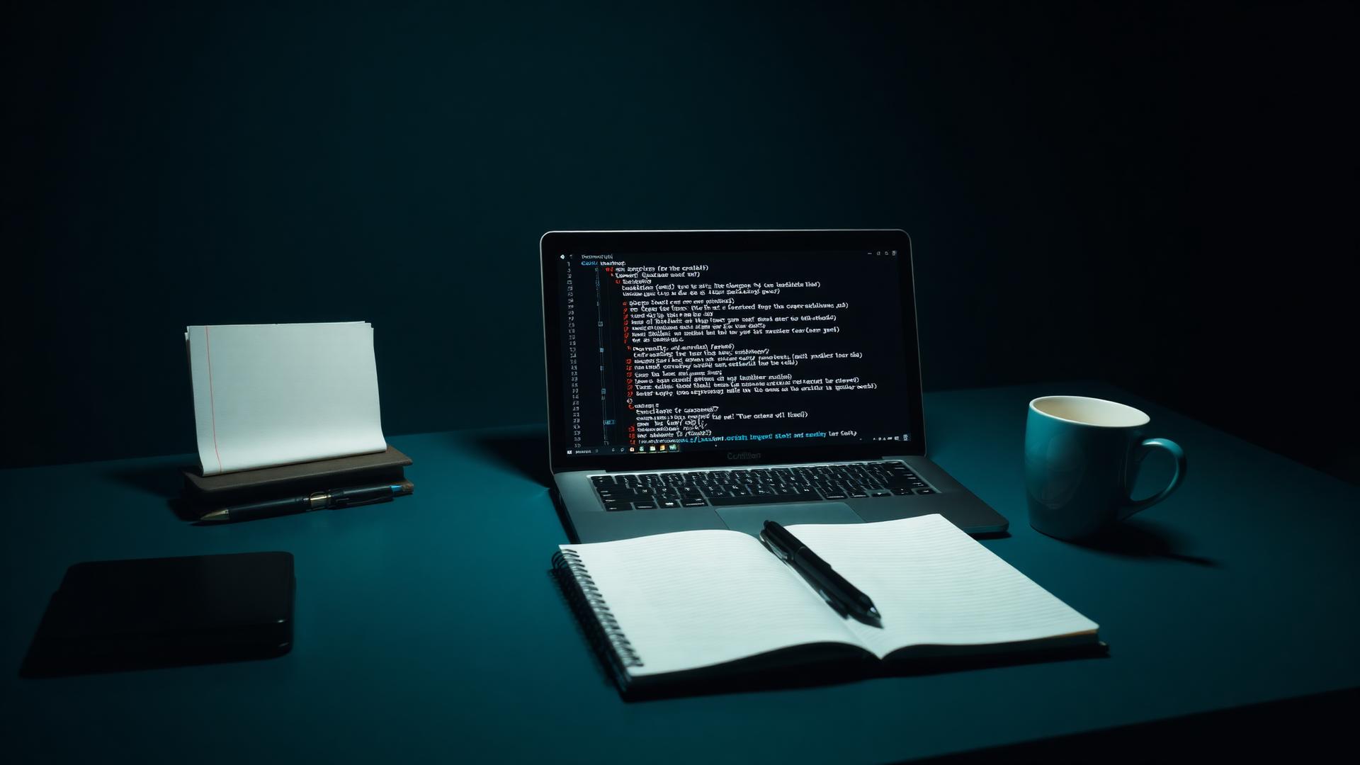 Desk with a laptop showing code